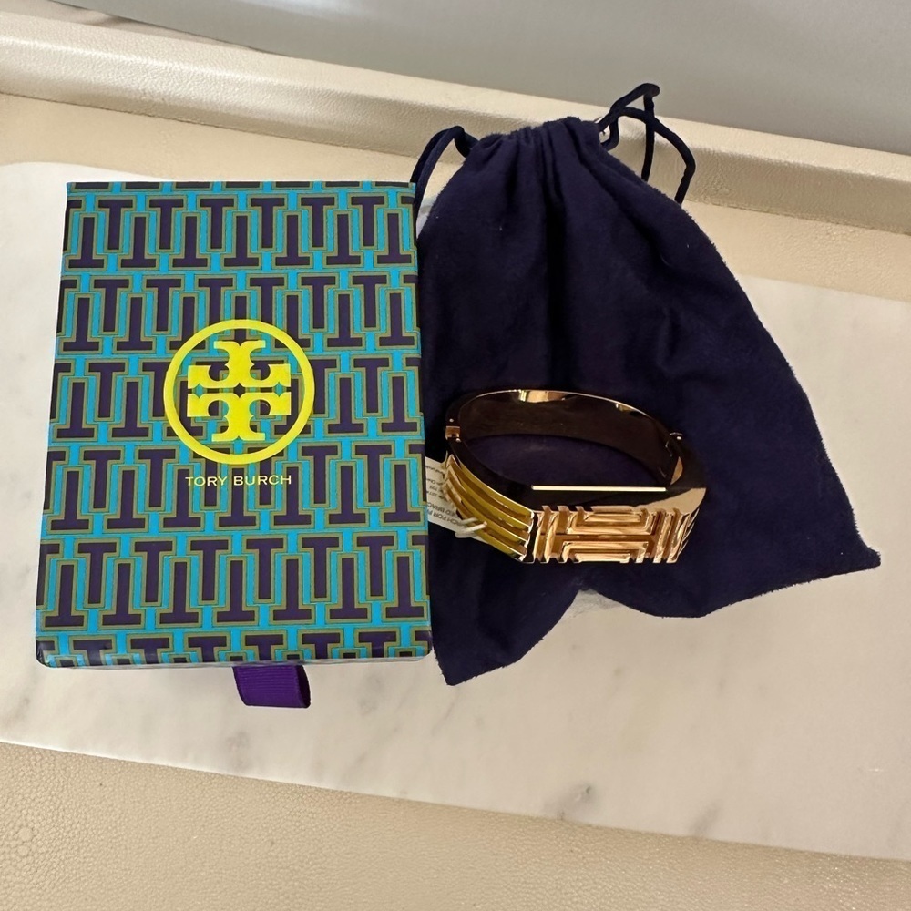 Tory Burch Fitbit Fret Metal Hinged Bracelet heavy gold with box and dust bag - Picture 2 of 5